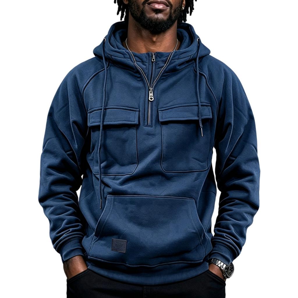 Men's Lined Hooded Pullover Sweatshirt with Multiple Pockets