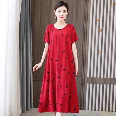 Ležérní ženy Bavlněné prádlo Dlouhé šaty Letní potisk s výstřihem do O Volné Dámské letní letní šaty velkých velikostí XL-5XL