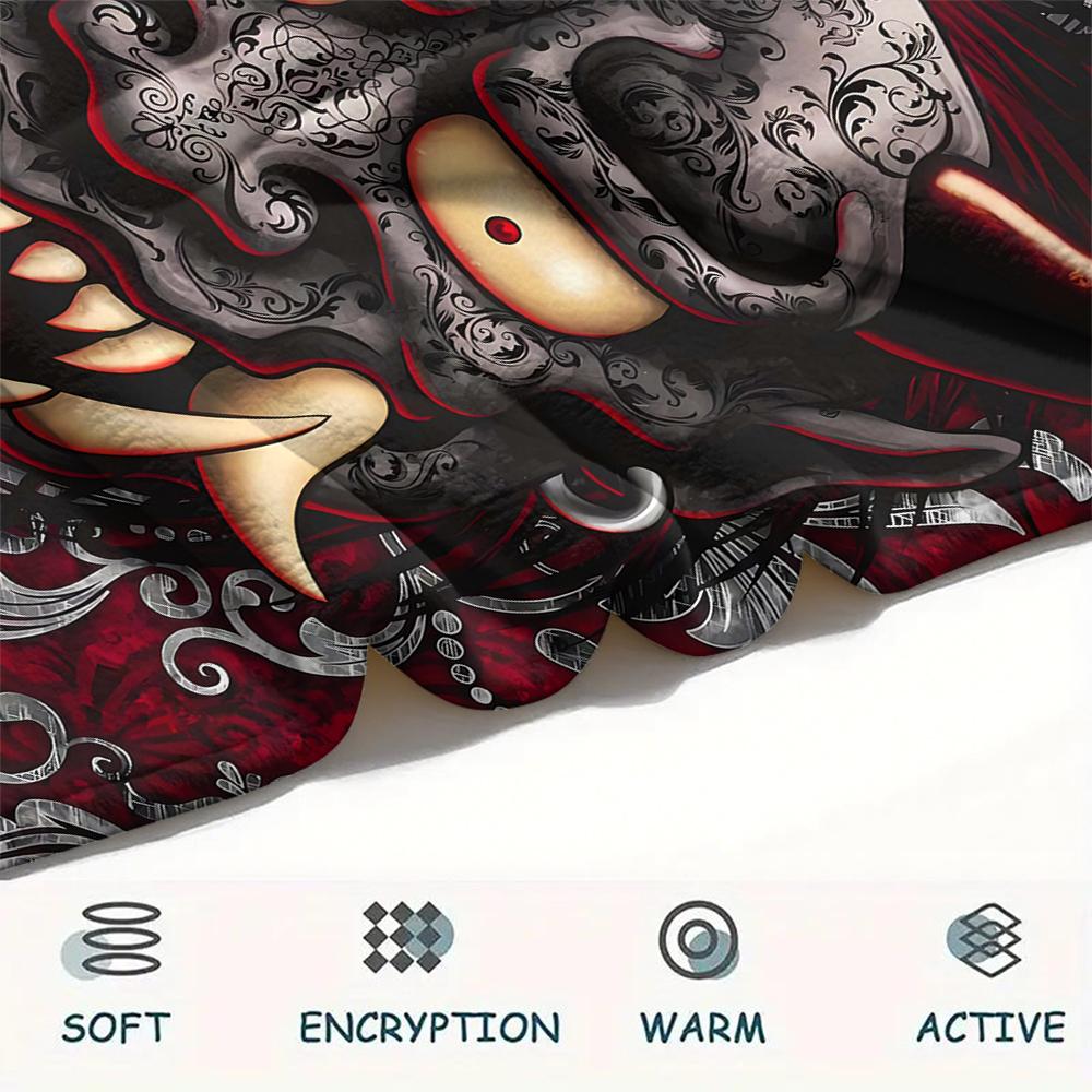 1Pc Hannya Samurai Print Flannel Blanket, High quality Comfortable for All Seasons, Home Decor, Warmth and Comfort, Perfect for Christmas Gifts