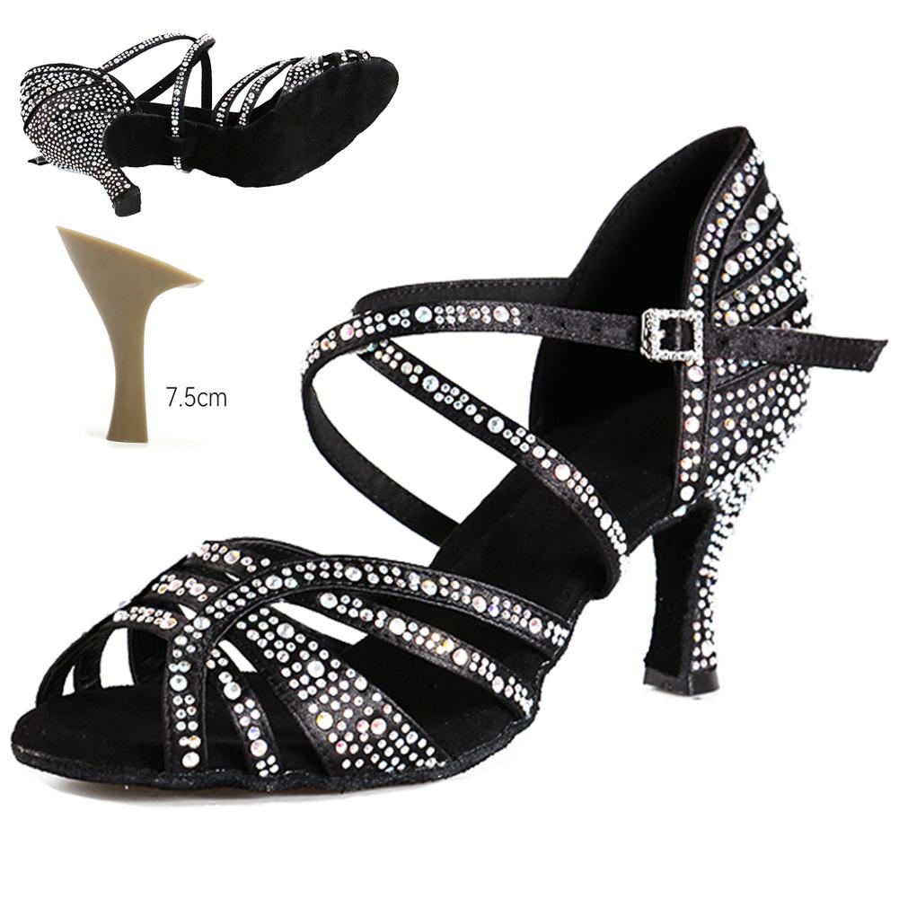 

Satin Latin Dance Shoes for Women Adult Sexy High Heels Ehinestones Ballroom Dance Shoes Tango Salsa Heeled 7.5cm 35 чёрный