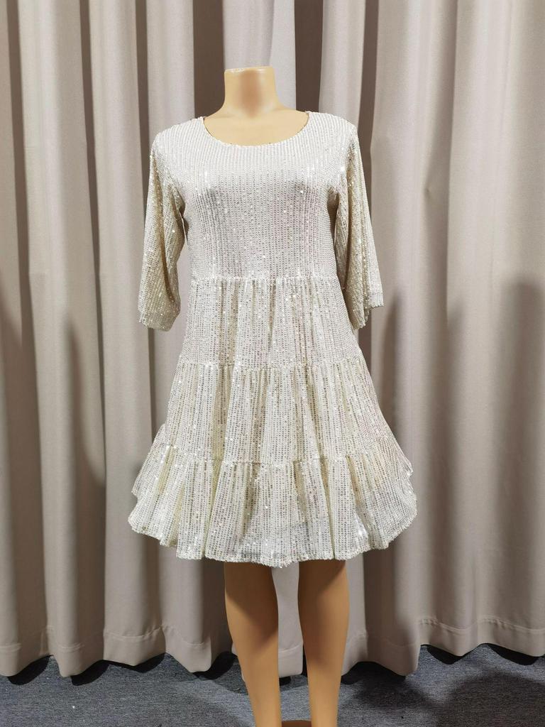 New Hot Style Fashion Sequin Dress: Solid Color, Loose Waist, Short Sleeve Skirt for Banquets