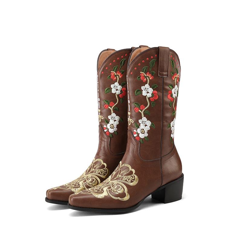 Fashion IPPEUM Cowboy Boots For Women Red Embroidered Size 43 Cowgirl Outfit Shoes Calf High Boots