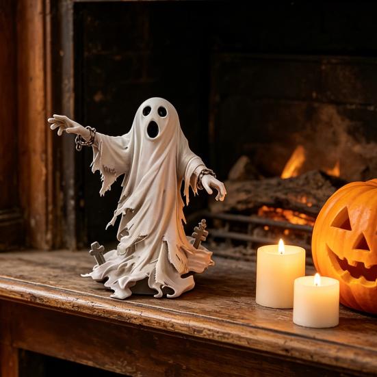 Halloween Ghost Figurine, Spooky Scream Face Ghost Resin Statue for Indoor Shelf, Tabletop Centerpiece, Home Office Decor