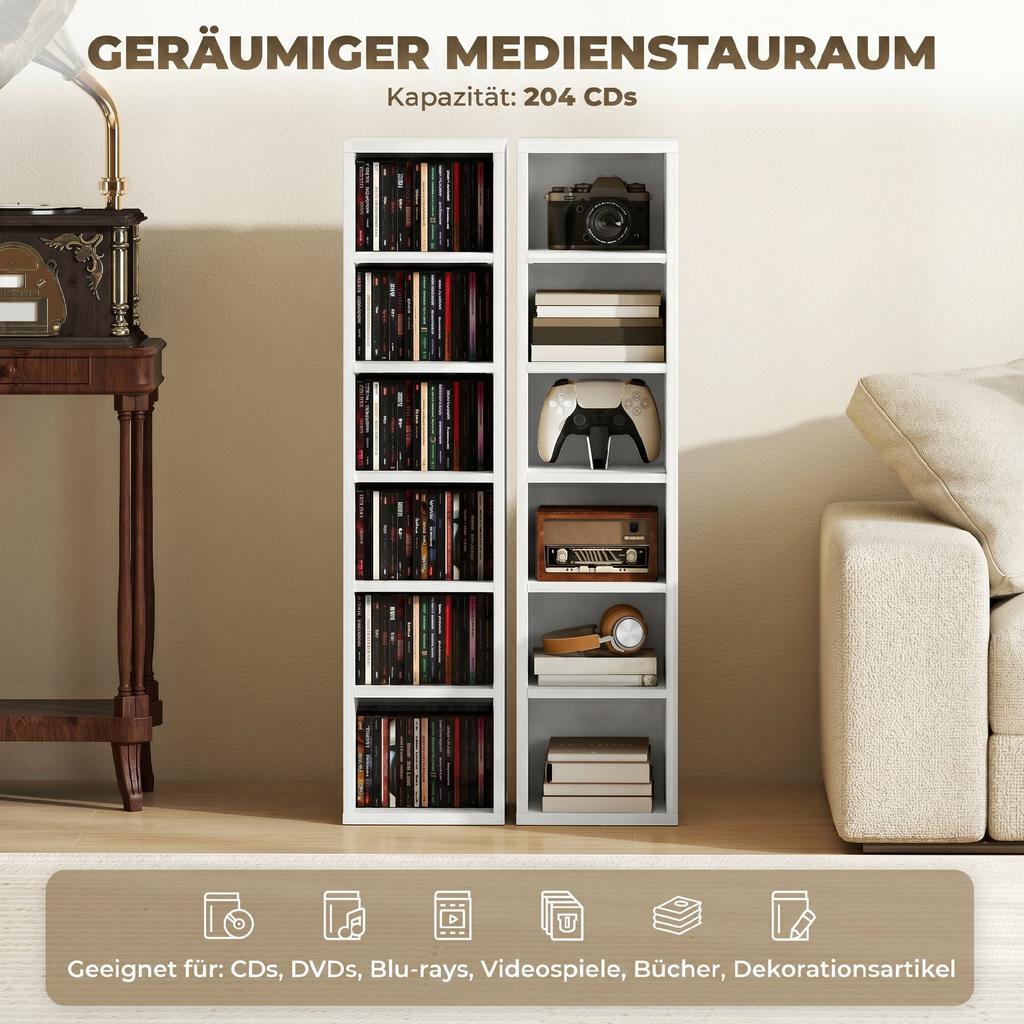 204 CD Storage Racks Set of 2, Blu-Ray Tower Stand with Adjustable Shelves, Bookshelf Organizer, White
