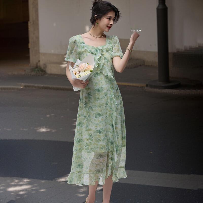 Sanpowa Elegant Floral Ruffle A-Line Dress XL