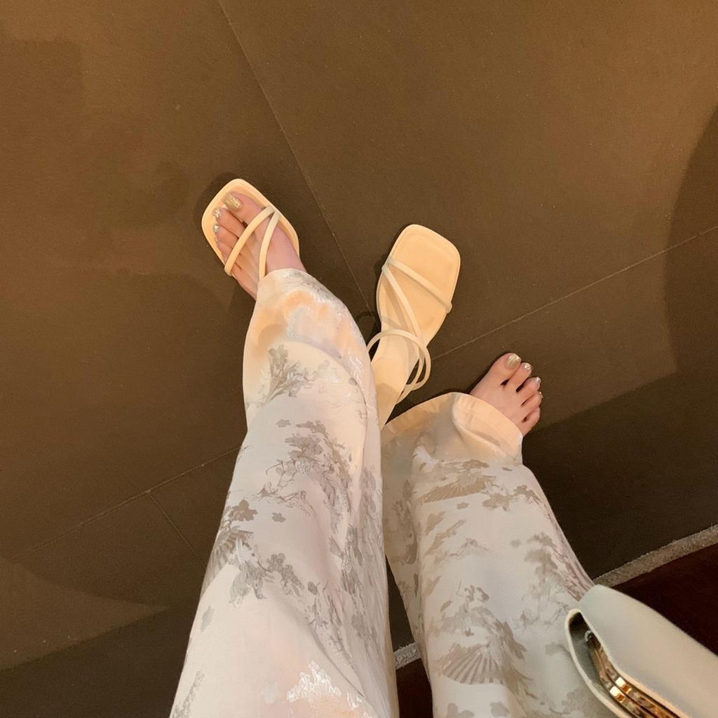 Sheepskin Version~ Leather French Strap High Heels Fairy Style Square Head Thin Cool Slippers Women Wear Temperament Sandals