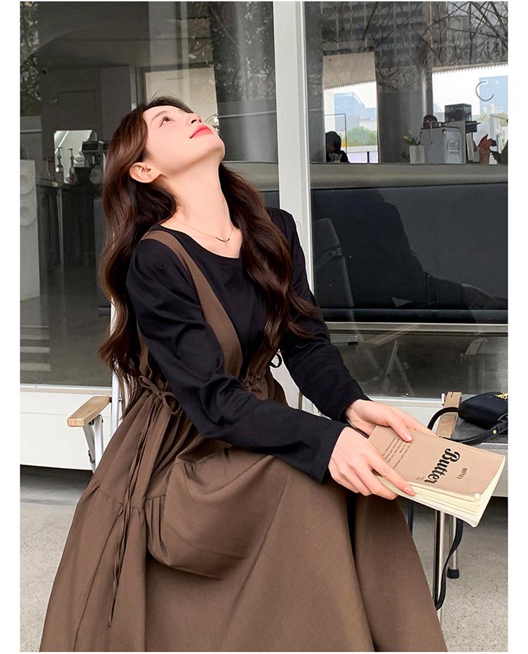 Khaki Faux Two-Piece Spliced A-Line Dress - Women's Mid-Length Spring 2025 French Sweet Style Pinafore Dress