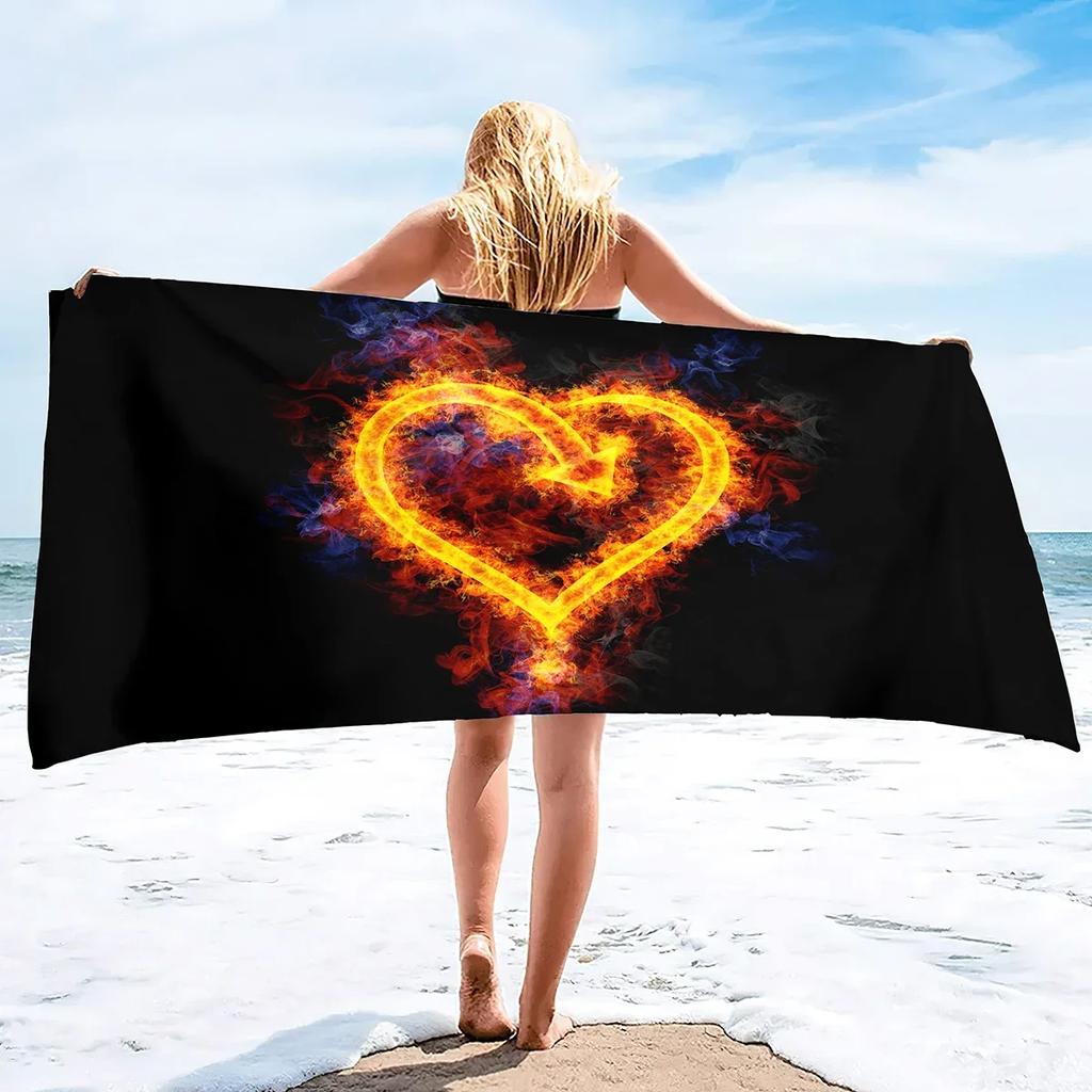 Valentines' Day Beach Towel,Microfiber Pink Fire Bath Towel Oversized,Water Absorbent Towels for Bathroom,Love Heart Bath Towels
