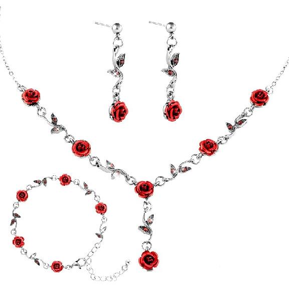 Red Rose Jewelry Set Exquisite Rose Flower Pendant Necklace, Bracelet Dangle Earrings Jewelry Sets for Women Wedding