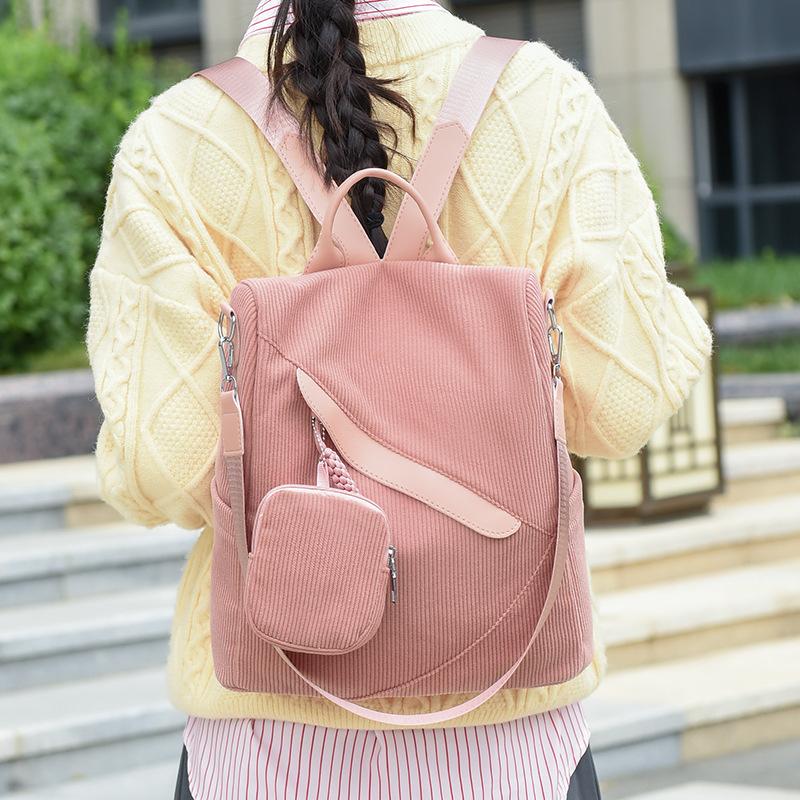 Damen Cord Rucksack mit kleiner Tasche, lässiger Mode Tagesrucksack