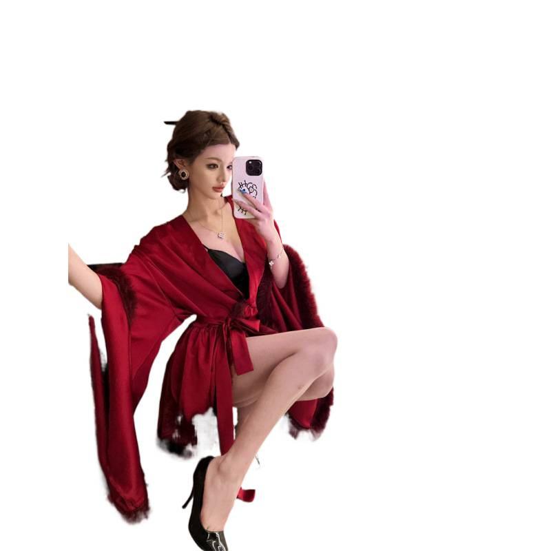 Robe rouge satinée à l'acide acétique premium pour femmes, taille à lacets, manches courtes larges et bouffantes, chemise de nuit moelleuse, robe de mariée pour le matin