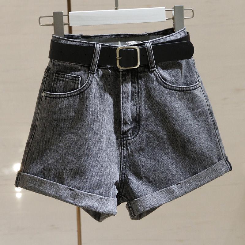 Women's Smoke Gray High-Waist Denim Shorts - Summer 2021 Korean Style, Slimming A-Line With Rolled Hem