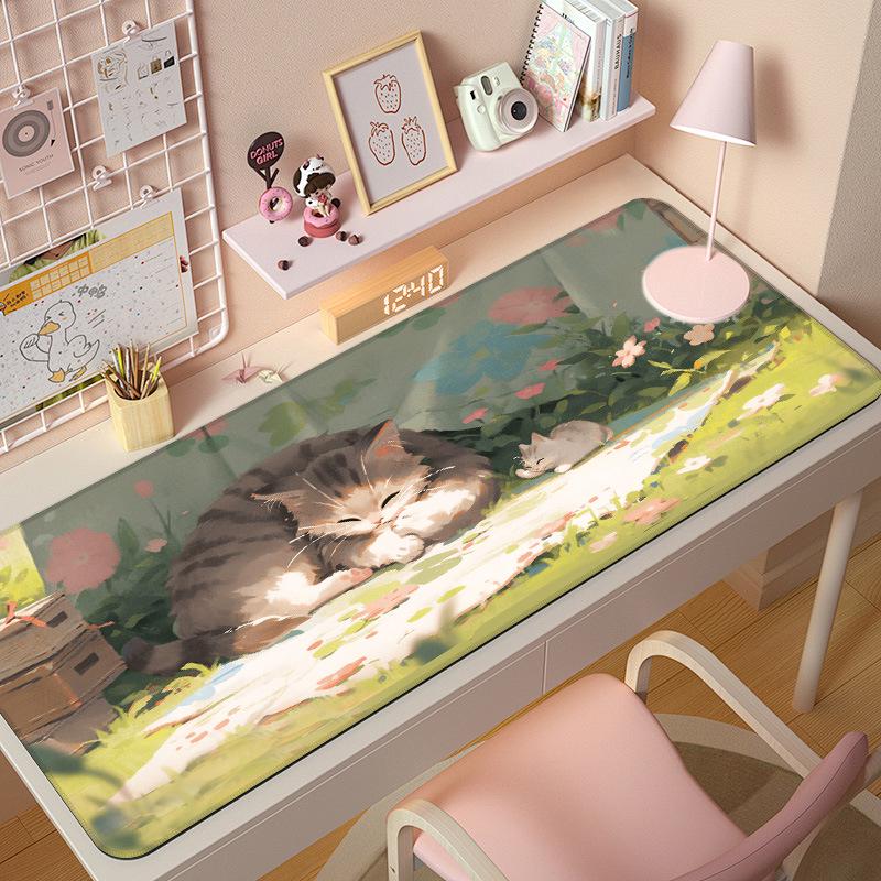Extra Large Cute Cat Cartoon Mouse Pad with Stitched Edges - Aesthetic Desk Mat for Girls