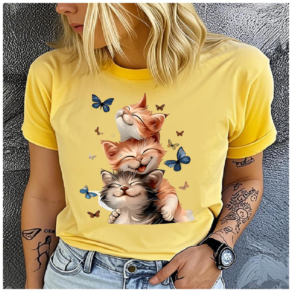 Unisex Womens Cotton Cat and the Butterfly Print Tshirt Loose Round Neck Casual Short Sleeve Fashion Top Clothing Summer