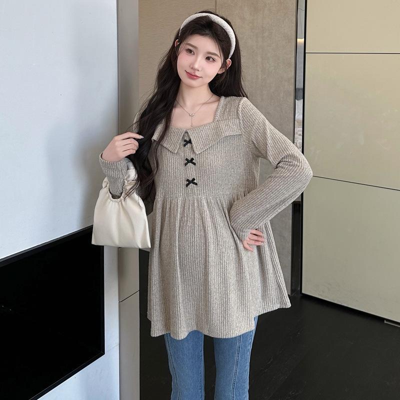 Retro Square Neck Bow Knit Maternity Top 2XL хаки