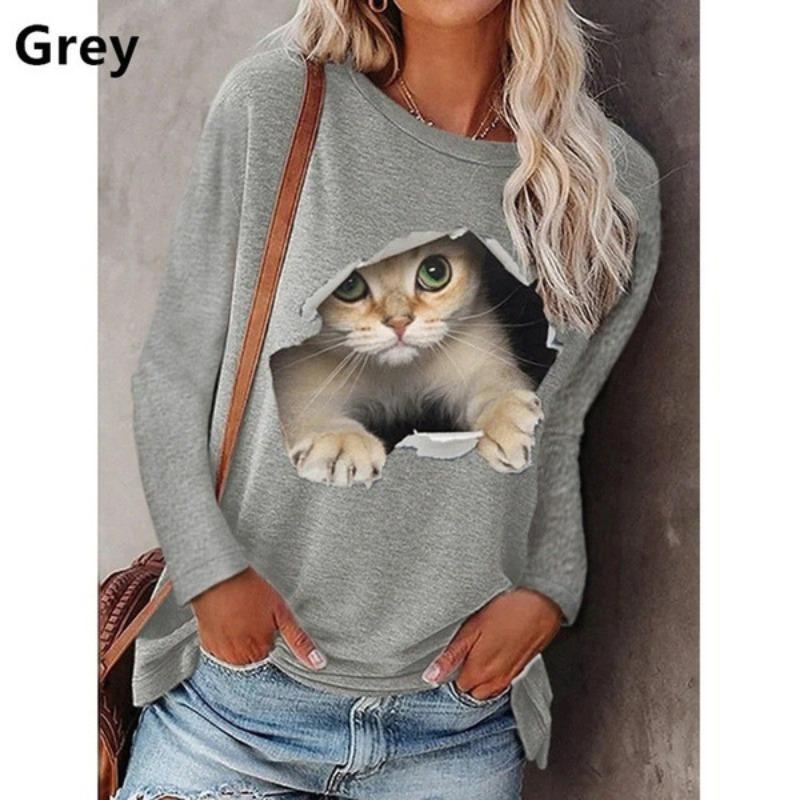 Autumn Winter Fashion Women's Round Neck Pullover Cat Long Sleeved T-shirt