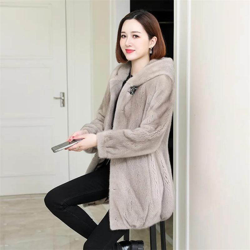 New imitation fur coat women's 2 winter mink women's clothing medium and long hooded mink coat