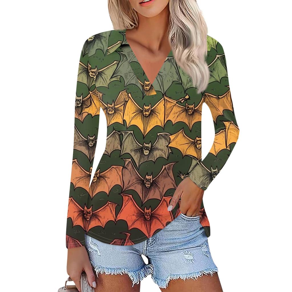 Women's Summer Fashion Casual  Printed V-Neck Long Sleeve Shirt Top