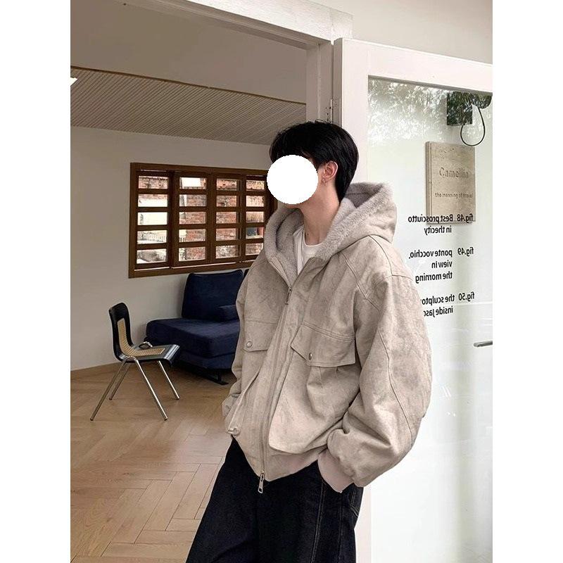 Men's Winter Marble Pattern Hooded Jacket - Plus Velvet, Loose Fit, Warm Cotton