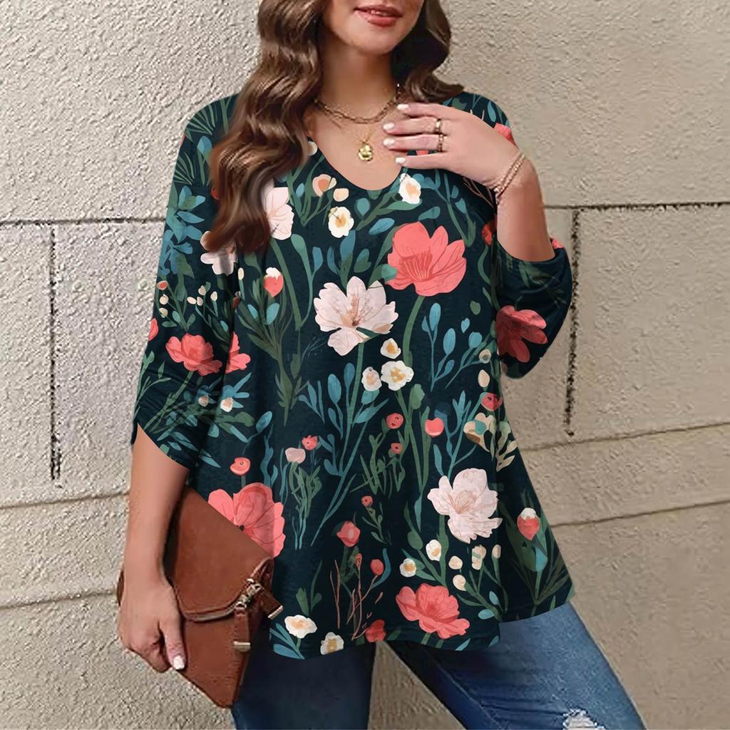 Women's Plus Size Fashion Printed Casual Pleated Round Neck Long Sleeve Top