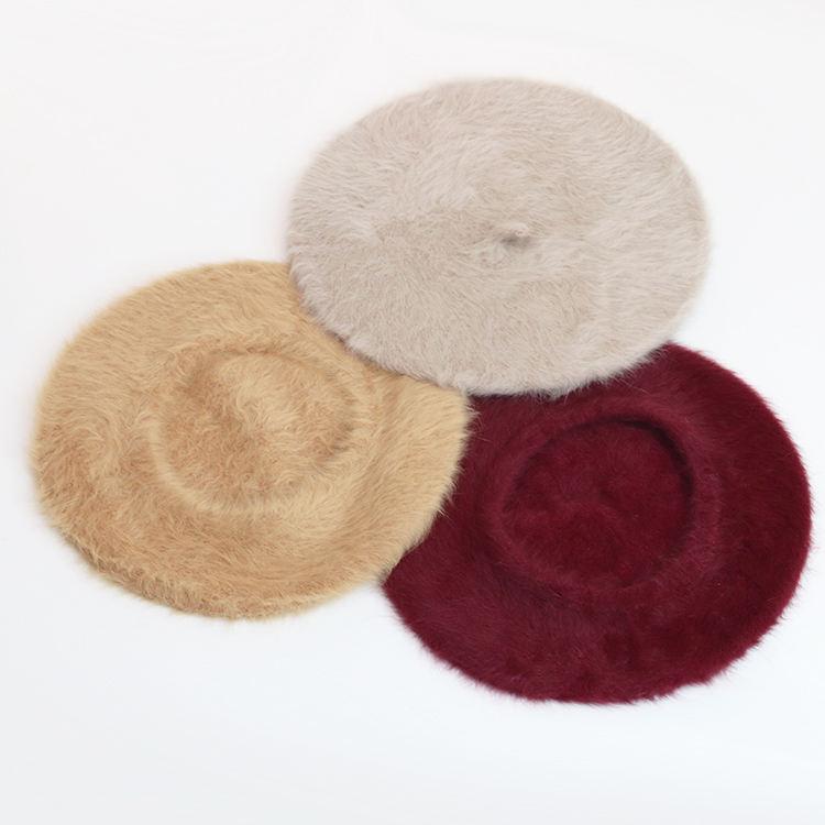 Autumn Winter New Fashion Plush Warm Good Quality Rabbit Fur Beret Winter Berets Outdoor Casual Flat Top Beret for Woman