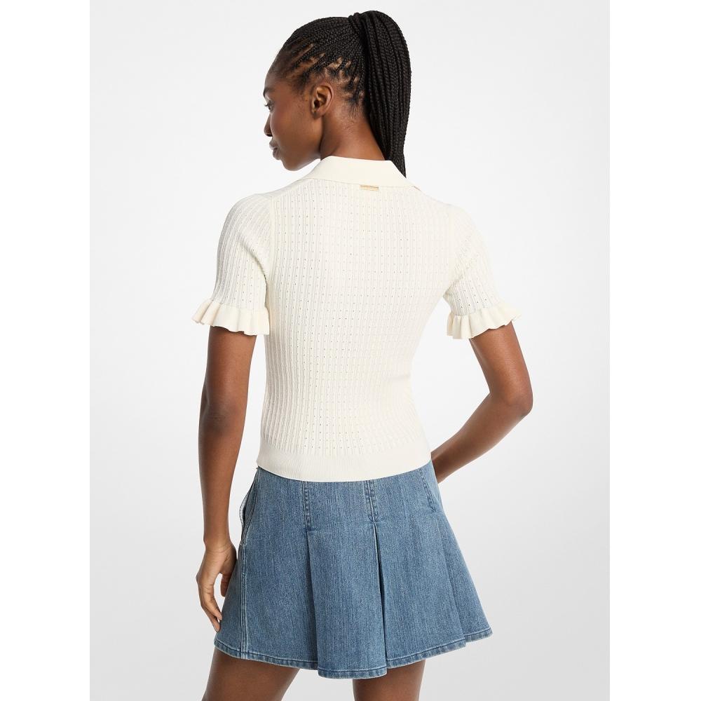 Michael Kors Jt661ja5zv110 Bone Knit Ruffle Sleeve Polo Top