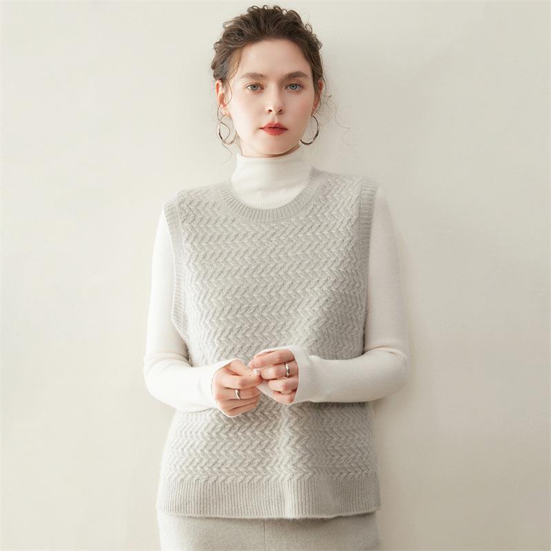 2025 Fall/Winter Women's Round Neck Cashmere Knit Crochet Vest - Loose Pullover Layering Shrug