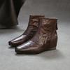 Johnature Genuine Leather Pleated Height-increasing Short Boots Retro Versatile Square Toe Women's Shoes
