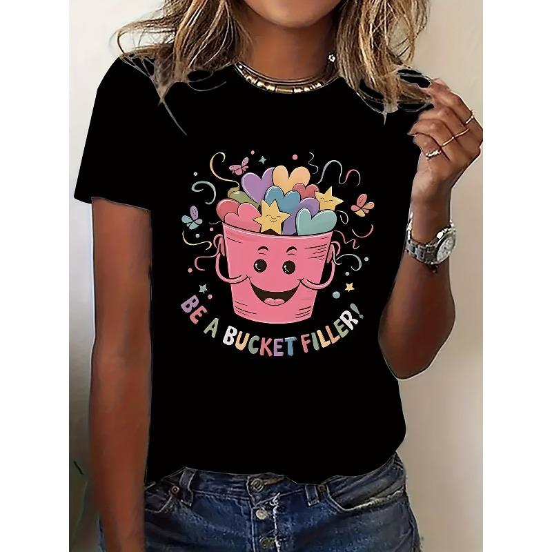 

European Size Women S Casual Short Sleeve T-Shirt - Be a Bucket Filler Heart & Stars Graphic, Soft Breathable Fabric, Round Neck 4XL чорний