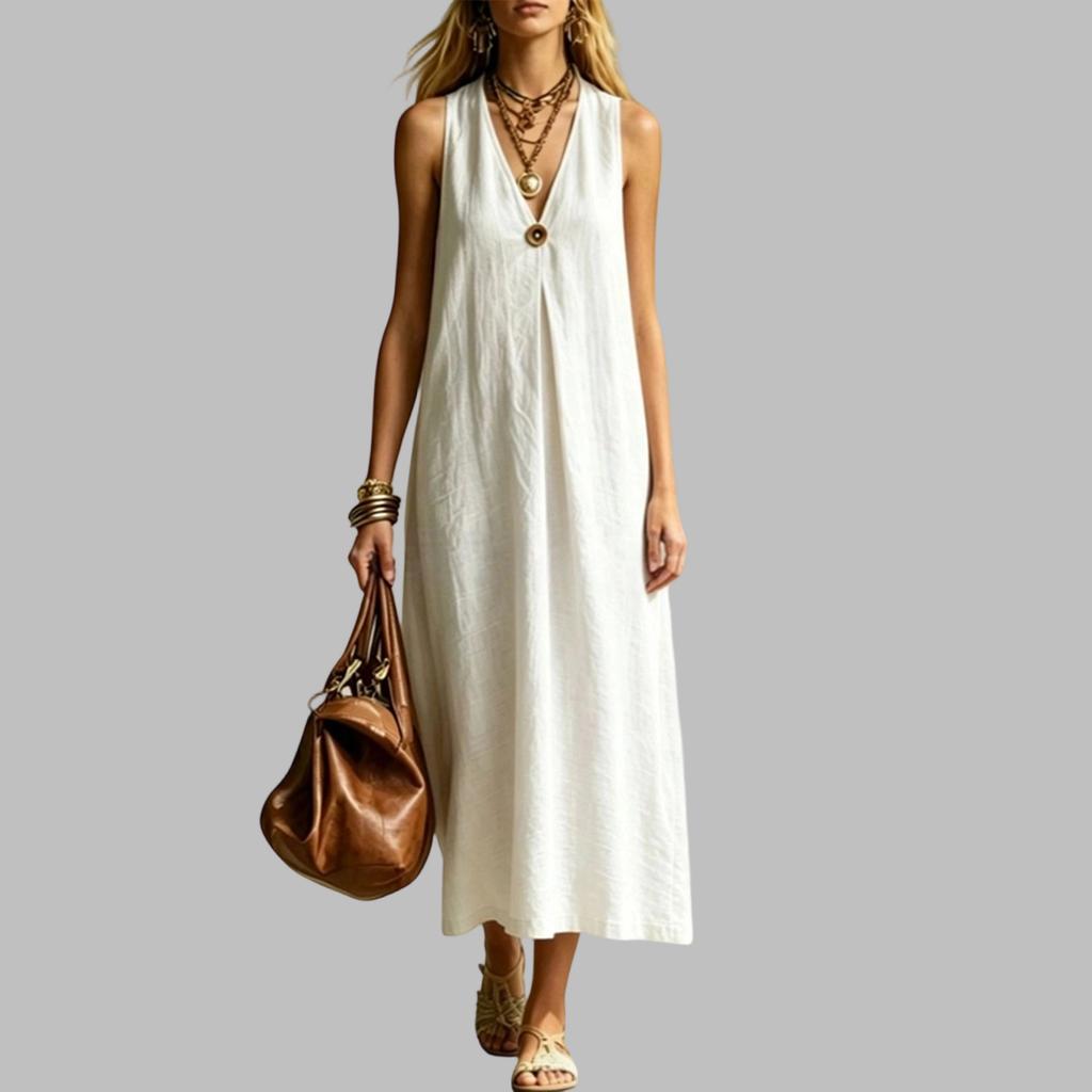 Rochie Maxi Fără Mâneci cu Decolteu în V din In pentru Femei, de Vară, Casual, Croială Largă, Rochie Lungă cu Detaliu Buton, Material Ușor și Respirabil