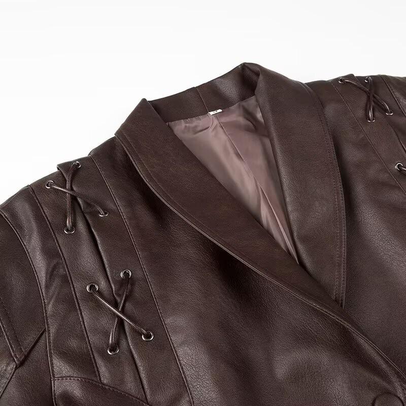 Versatile Retro Lace-Up V-Neck Faux Leather Jacket Streetwear Fashion Outerwear