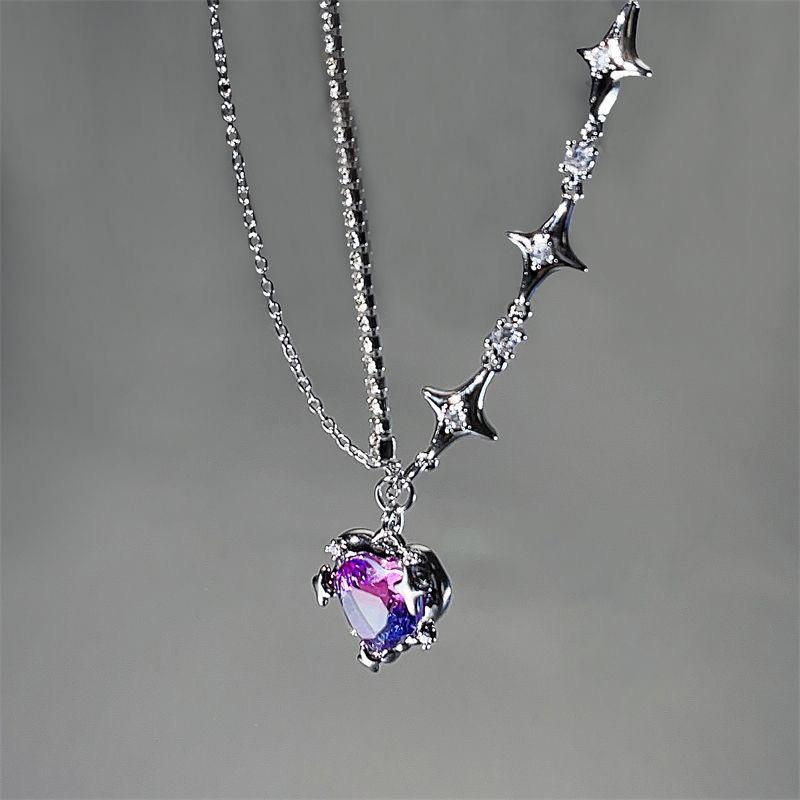 JWER Trendy Bling Moonstone Star Cross Pendant Necklace for Women Punk Hip Hop Star Chain CrystalNecklace Party Jewelry Gift