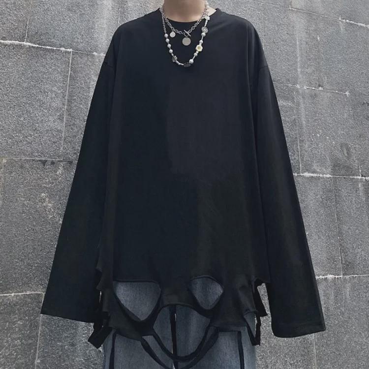 Unisex Loose Fit Long Sleeve T-Shirt with Distressed Hem and Solid Color