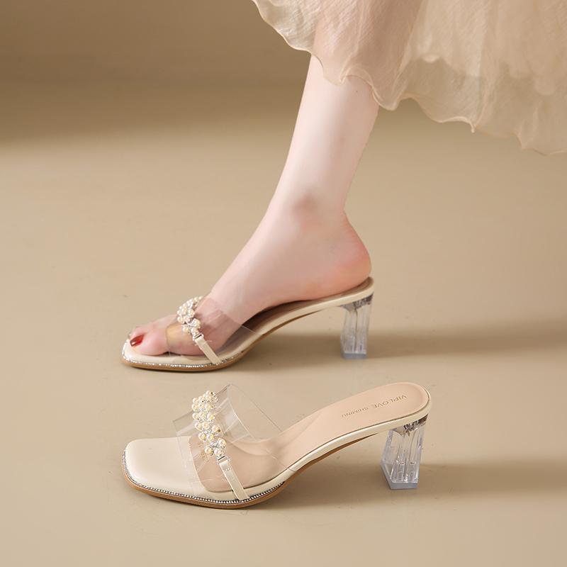 Fashion CRLAYDK Summer Womens Chunky Heel Sandals Open Toe Transparent Slip On Ladies Dressy Casual Party Wedding Mule- Nude Shoes