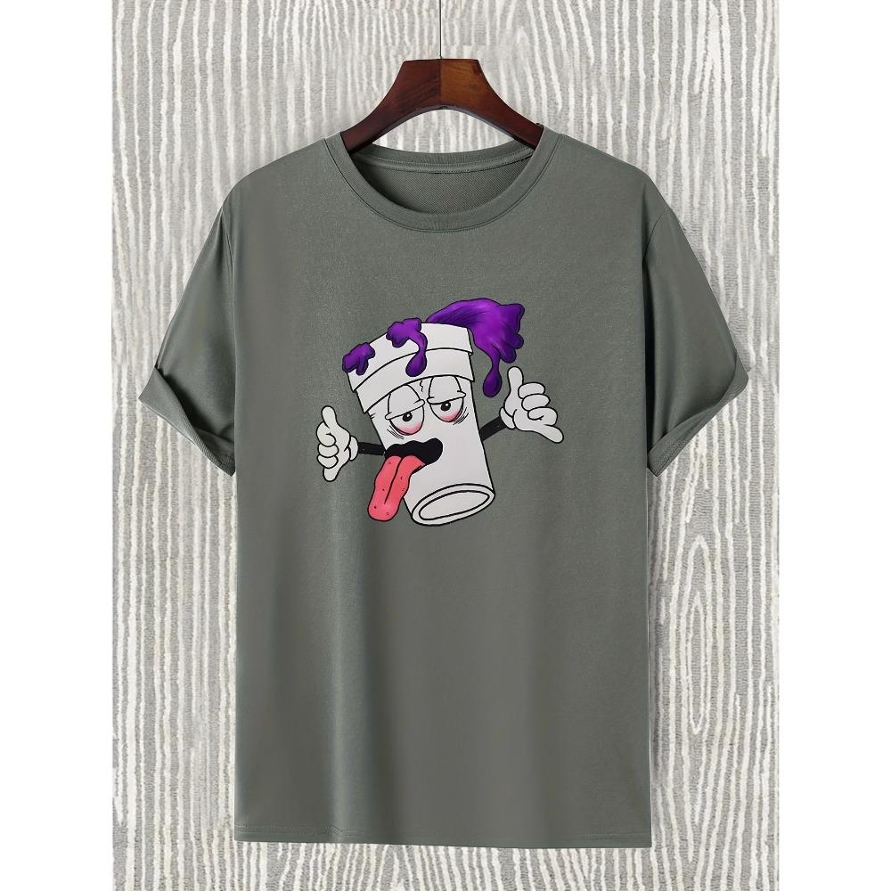 [Funny Cartoon Graphic Tee] Trendy Cartoon Graphic Print T-shirt - Men's Casual Funny Round Neck Tee For Summer