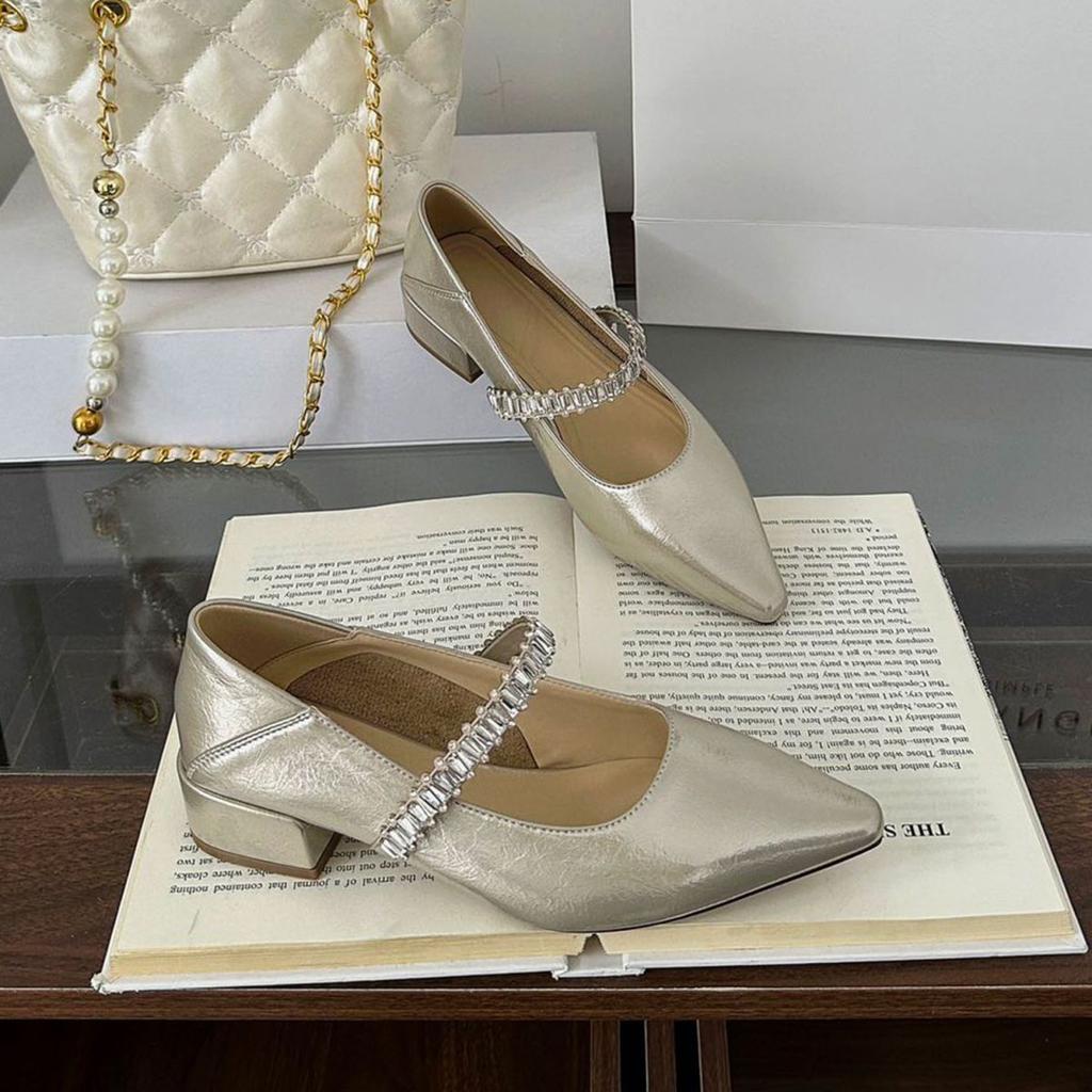 Rhinestone thick heel pointed single shoes women's 2025 new model with skirt temperament fashionable foreign style one pedal Mary Jane women's shoes