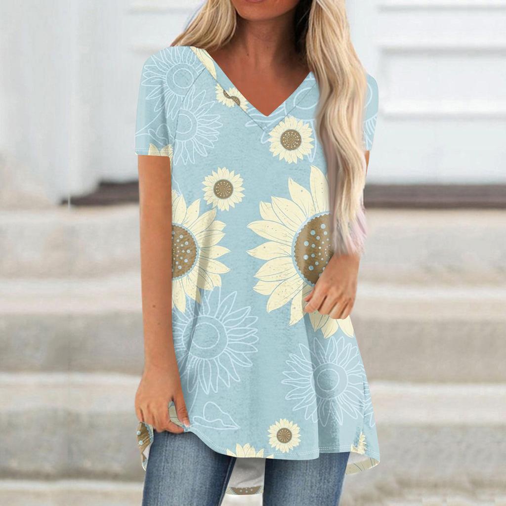 Ladies Short Sleeve Pleated Loose Tops Plus Size Casual Tops V Neck Short Sleeves Casual Summer T Shirts Ladies Tops T Shirts Shirts