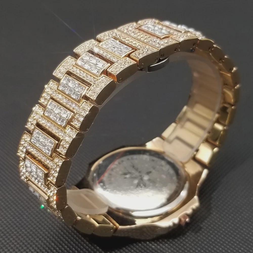 Hip Hop Iced Out Mens Watch Diamond Paved Analog Quartz Watch Waterproof Stainless Steel Luxury Wristwatch