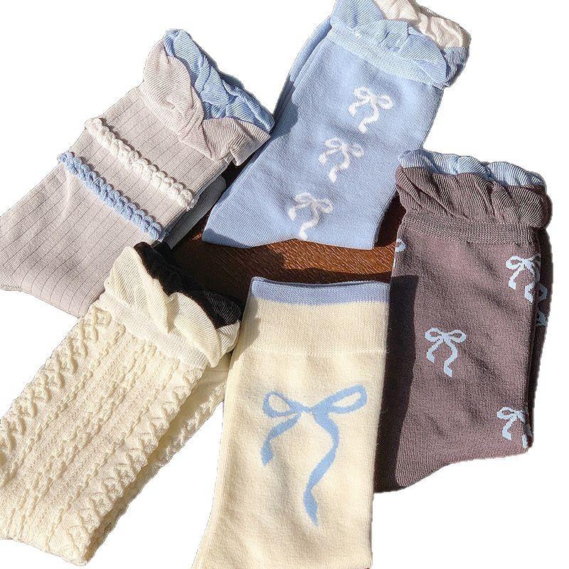 Bow Bubble Mouth Lolita Socks Style Spring And Autumn Mid-Tube Socks Lace Pile Socks