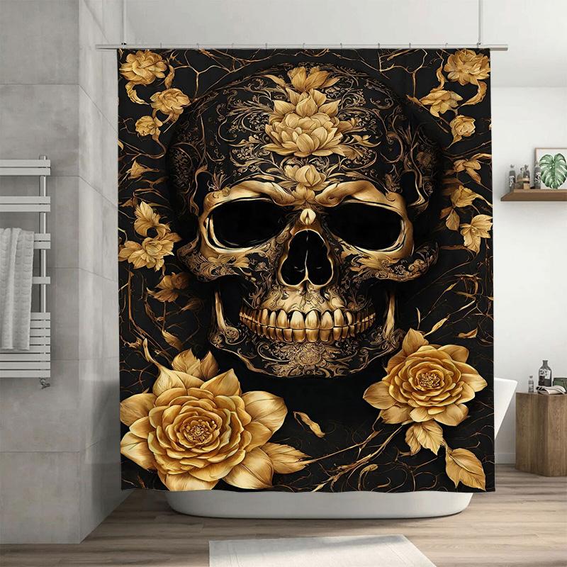 

Skull Floral Shower Curtain Decor Home Bathroom Waterproof Washable Black Gold Vintage Artistic Wall Coverings Size Customizable W60H190(CM)-1 Pcs