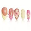 24Pcs Yellow & Pink Flower Decor French Manicure Medium Almond Shaped Artificial Nail Tips, For Ladies Daily Wear Press On Nails Nail Supplies