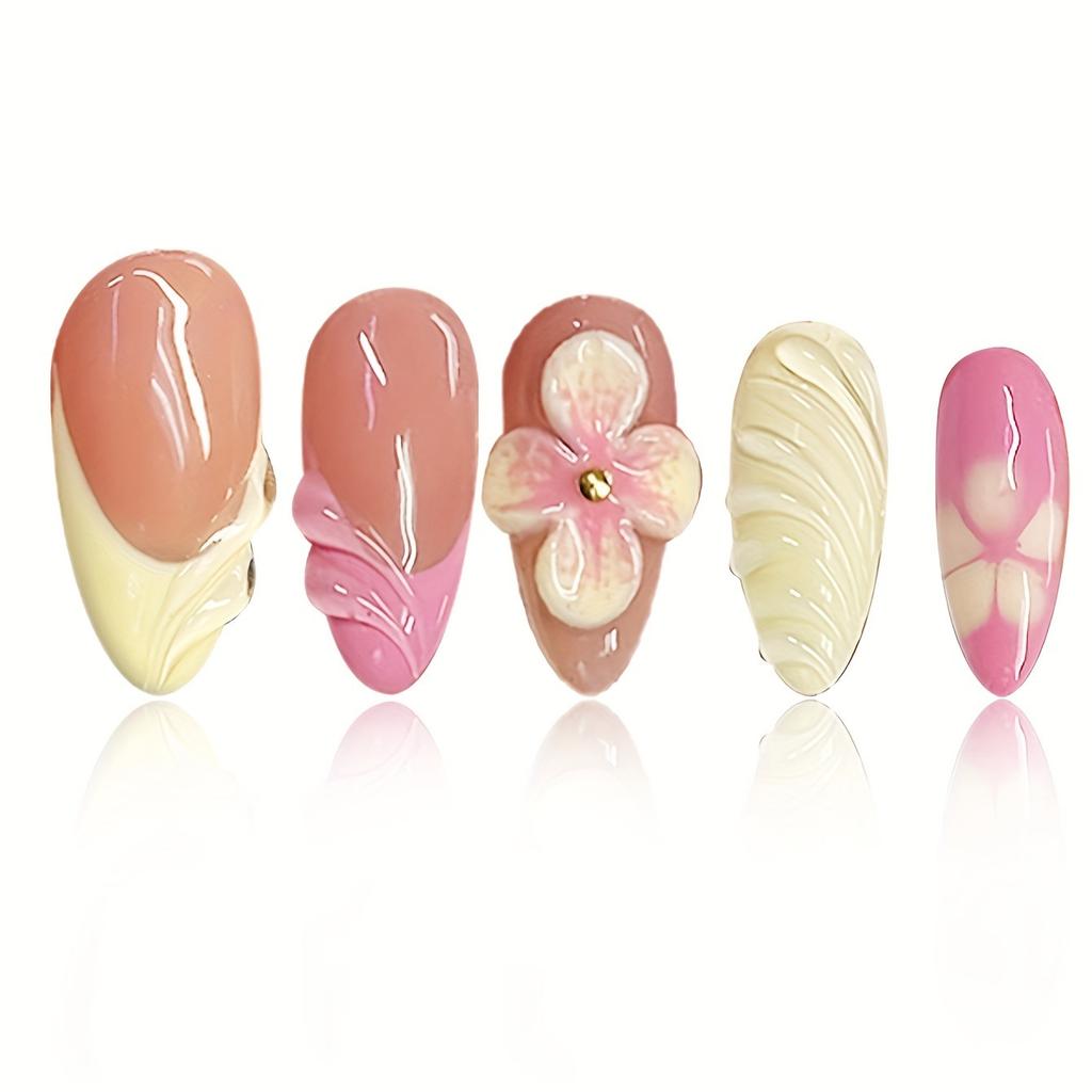 24Pcs Yellow & Pink Flower Decor French Manicure Medium Almond Shaped Artificial Nail Tips, For Ladies Daily Wear Press On Nails Nail Supplies