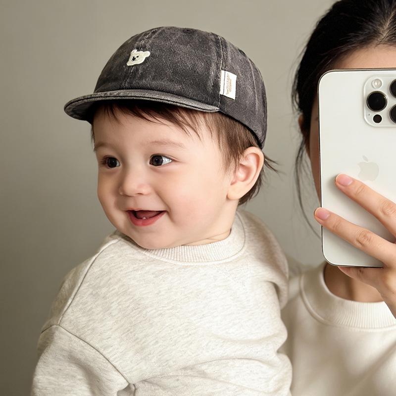 Infant Duckbill Denim Baseball Cap with Soft Brim - Adorable Bear Design Sun Hat for Babies