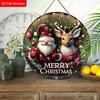 Santa Gnome Reindeer Merry Christmas Round Flat Wooden Hanging Sign