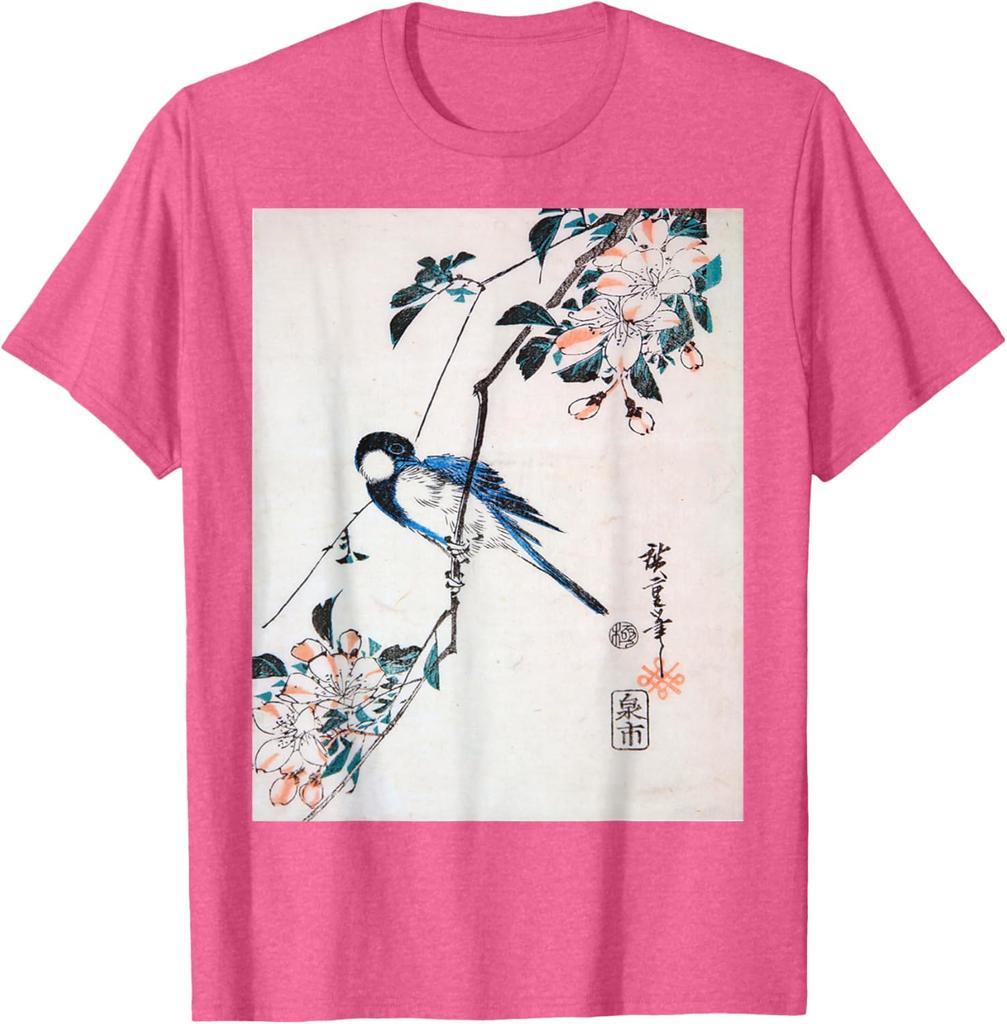 Great Titmouse on a Crab Apple Branch Utagawa Hiroshige Print Mens Casual Cotton TShirt
