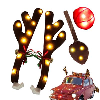Christmas Car Decoration Glowing LED Antlers Reindeer Noses Car Decor With Tail Christmas Theme Atmosphere For Auto Exterior