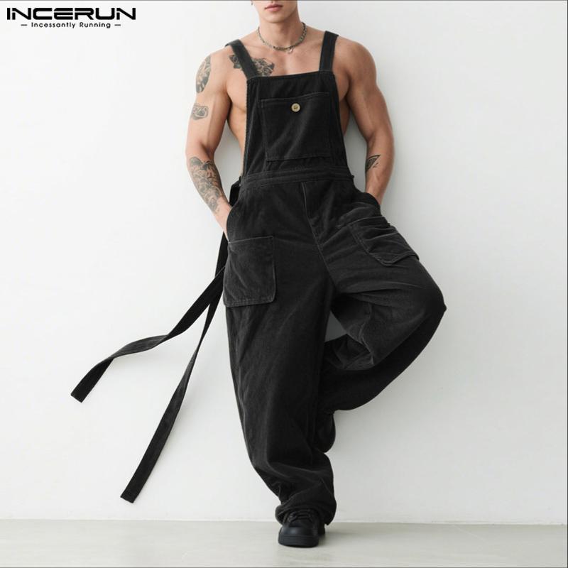 INCERUN Men Suspenders Corduroy Jumpsuit Overalls Strap Casual Loose Long Cargo Bib Pants