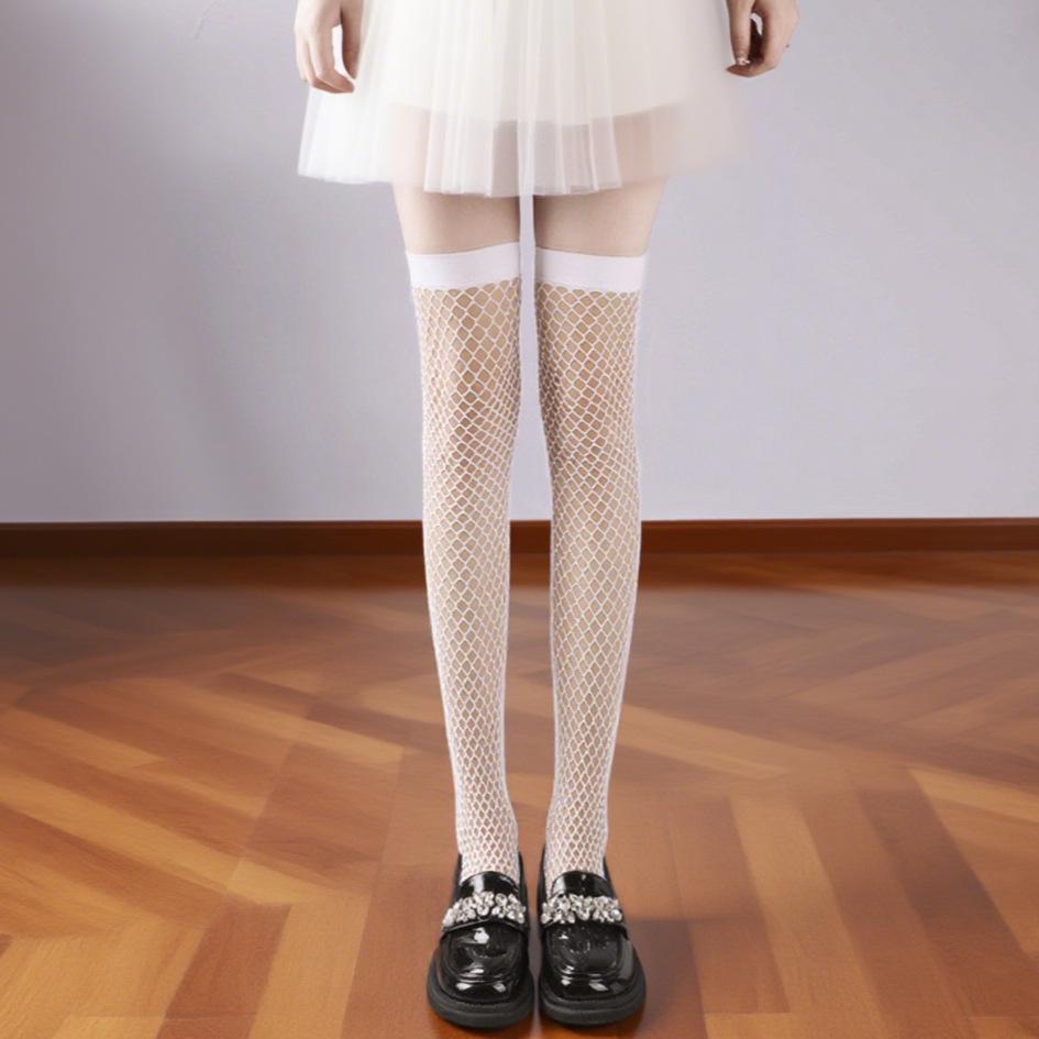 Japanese-Style White Silk Bow Knee-High Stockings