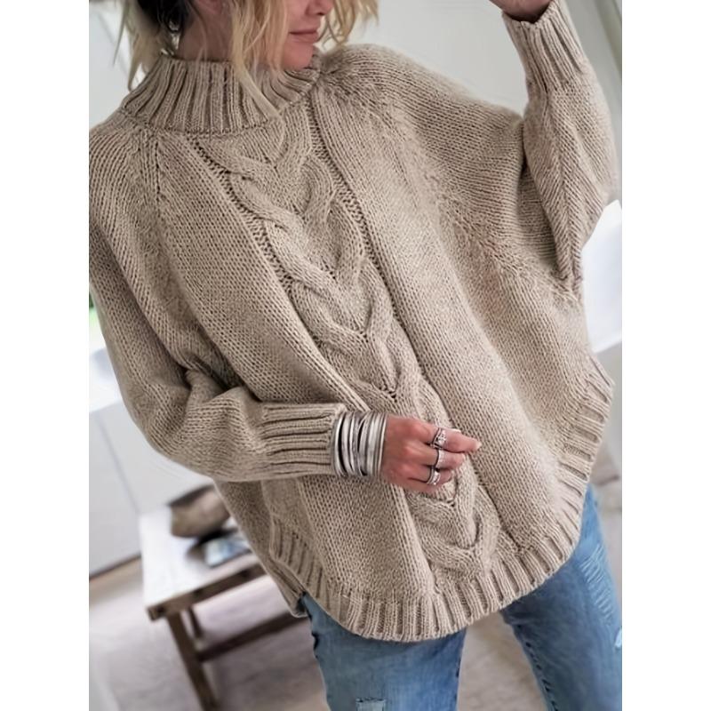 Women'S Vintage-Inspired Black Cable Sweater with High Neck, Loose Fit, Casual, Everyday Pullover, Vintage Sweater | Cable Pattern, Sweater Dress