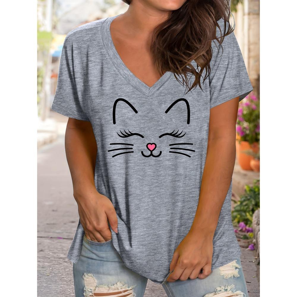 Übergröße Cartoon-Katzen-Print T-Shirt, Lässiges V-Ausschnitt Kurzarm-T-Shirt, Damen Übergrößen Bekleidung